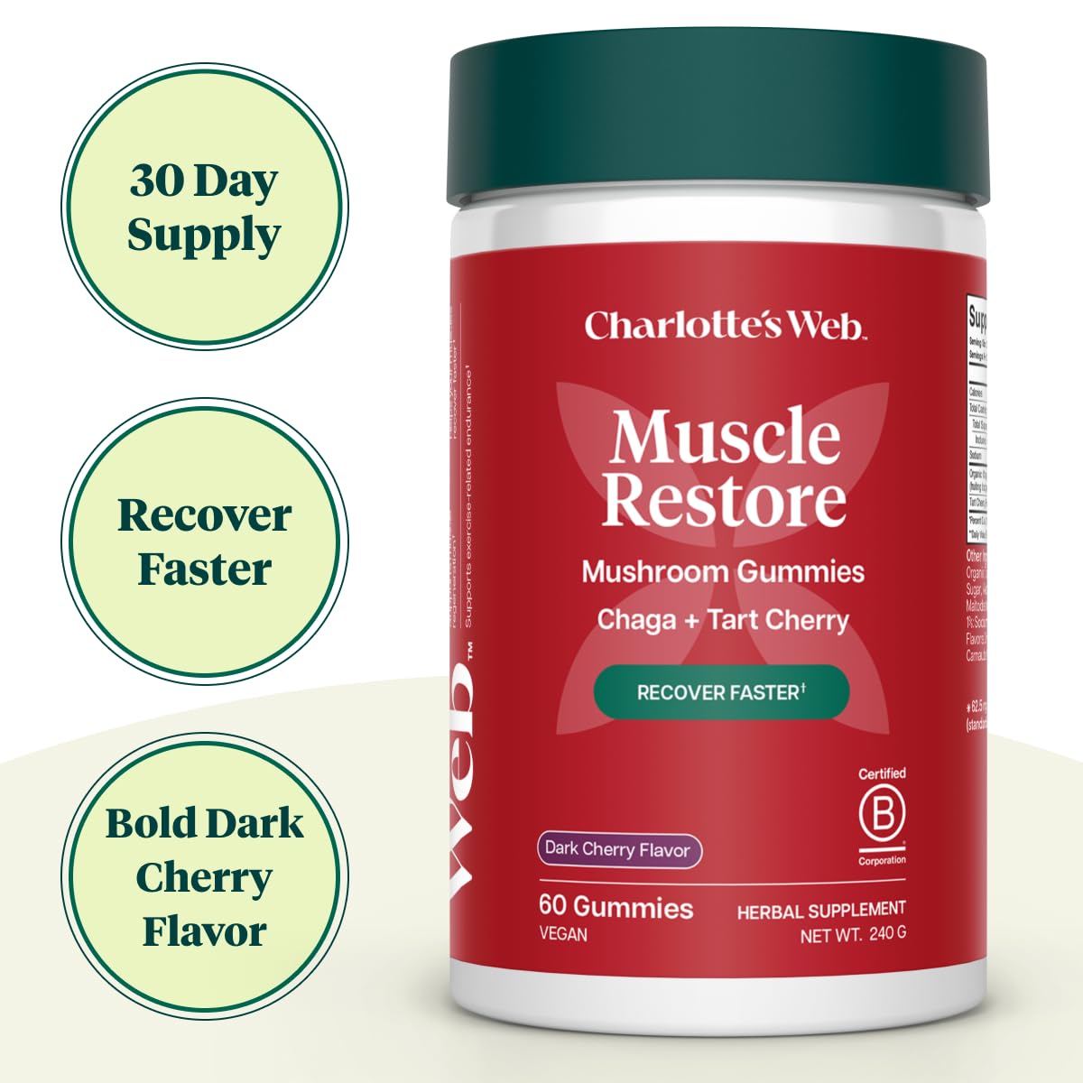 Charlotte's Web Muscle Restore Mushroom Gummies — Chaga & Tart Cherry, Dark Cherry Flavor, Vegan, Kosher, Non-GMO, 60 Count