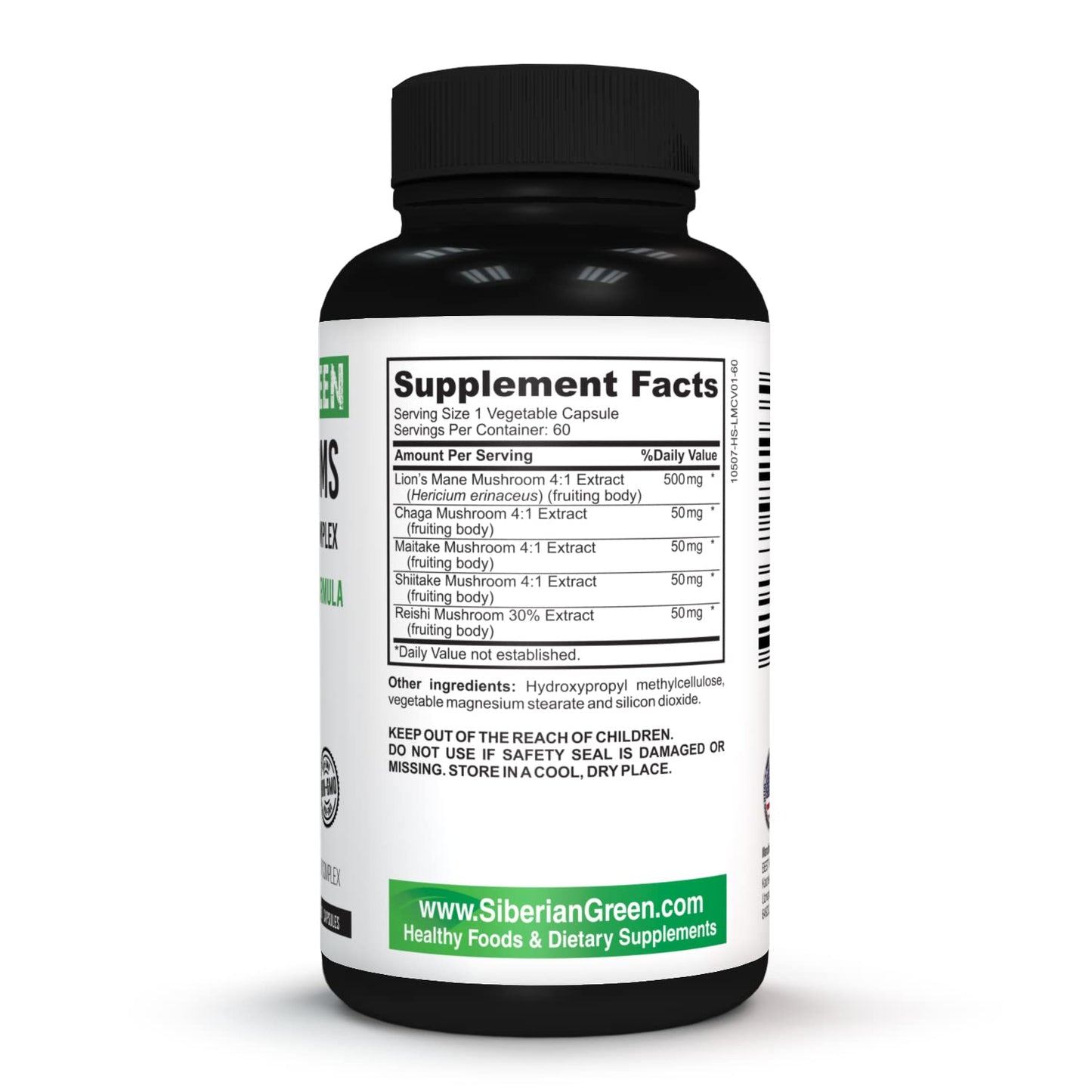 Siberian Green 5 Mushrooms Lions Mane Chaga Shiitake Maitake Reishi Capsules, 60 Count