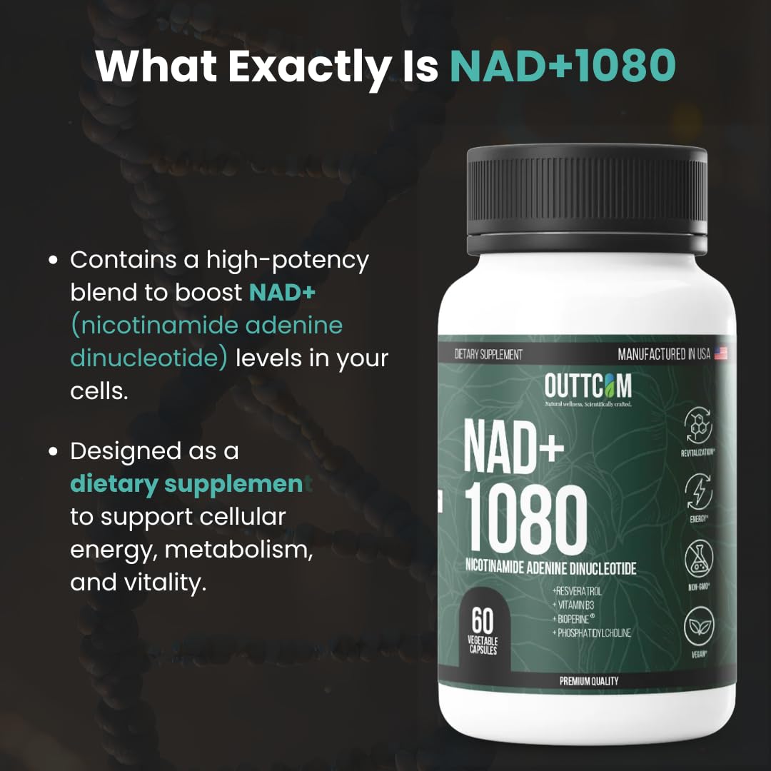 Outtcom NAD+ Supplement with Resveratrol, B12, Phosphatidylcholine & Bioperine, 180 Capsules