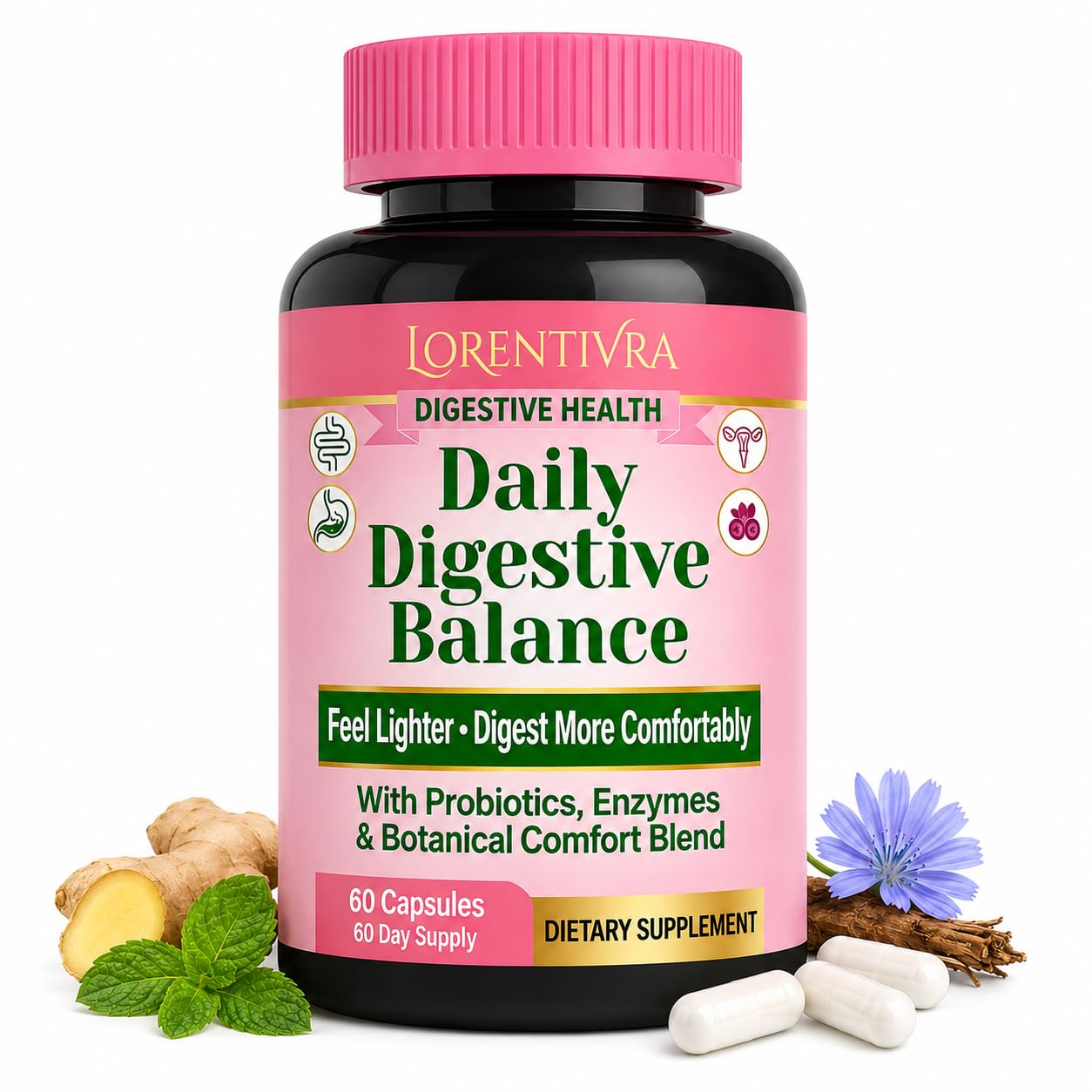 Lorentivra Daily Gut Health Supplement with 13 Digestive Enzymes, Prebiotics, Probiotics & Magnesium Complex Capsules, 60 Capsules