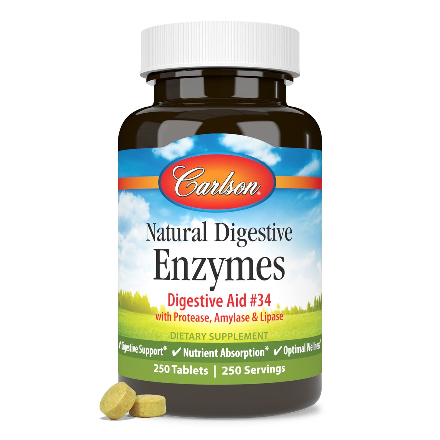 Carlson Natural Digestive Enzymes Digestive Aid #34 with Protease, Amylase & Lipase, 250 Tablets