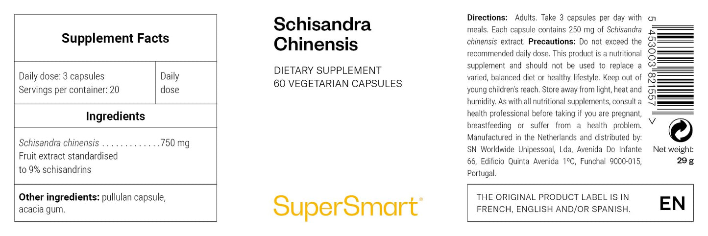 Supersmart Schisandra Chinensis 750mg per Day High Strength 10:1 Extract Schisandra Berry Supplement 60 Capsules