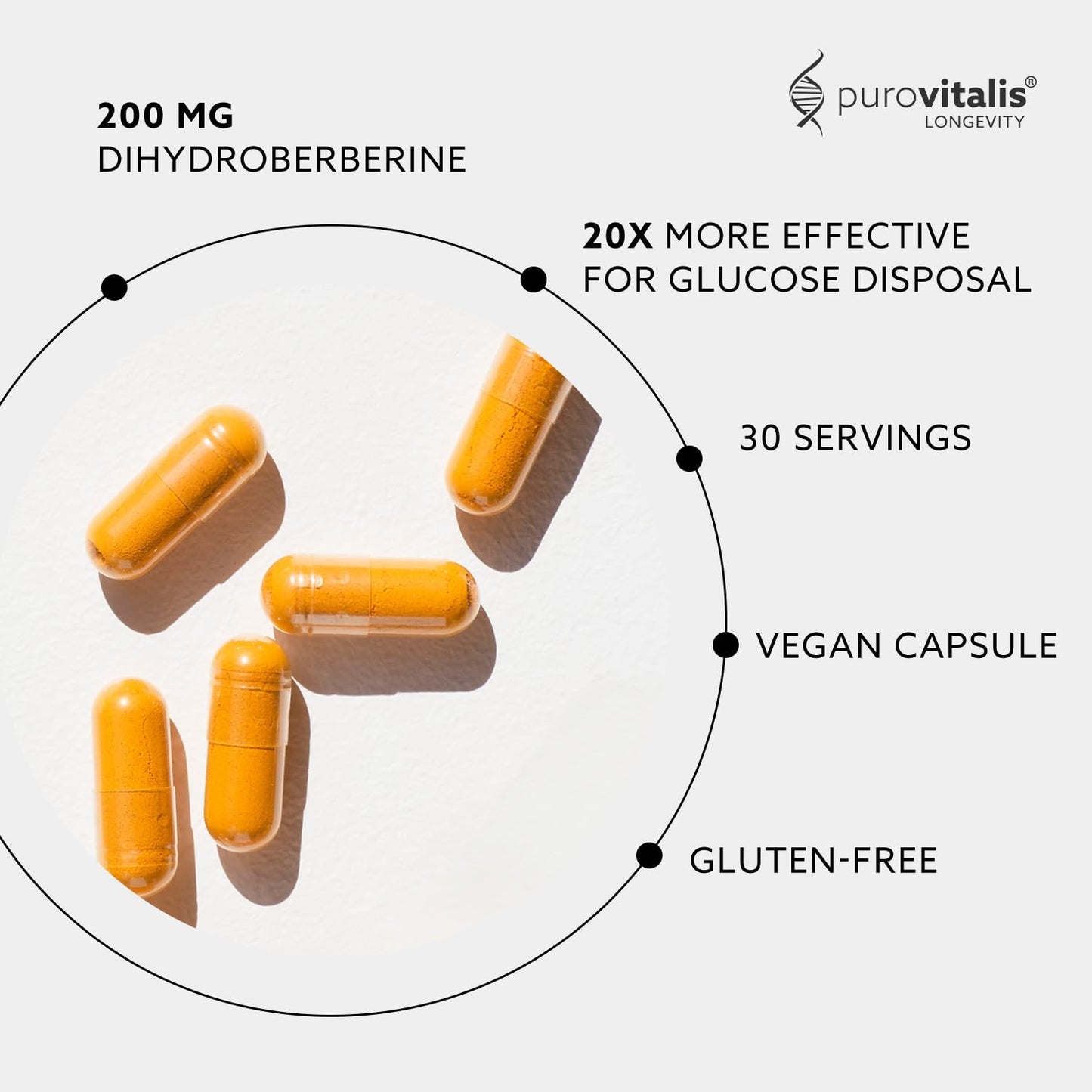PUROVITALIS Dihydroberberine 200mg with Vitamin K2 & E High Strength Berberine Supplement Capsules 30 Count