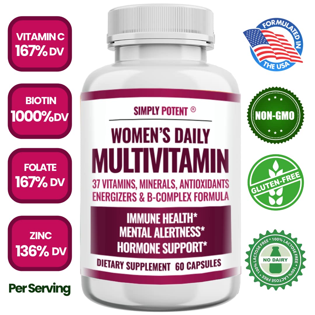 Simply Potent Women's Multivitamin - 37 Vitamins & Minerals with Biotin, Vitamins A C D E B12, Folate, Zinc, Magnesium, Calcium & Green Tea Extract, 60 Capsules