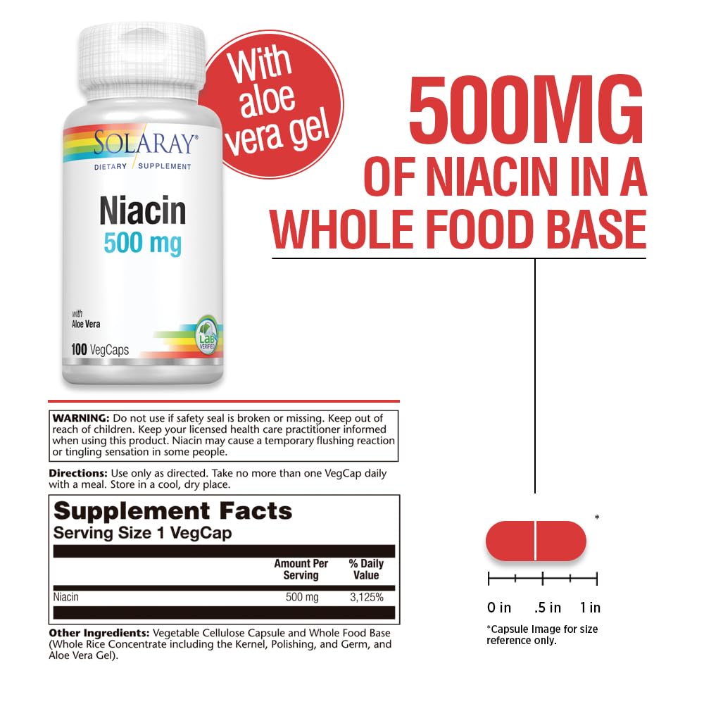 SOLARAY Niacin 500 mg Capsule, Vitamin B3, Skin Health, Nervous System & Circulation Support, 100 Count