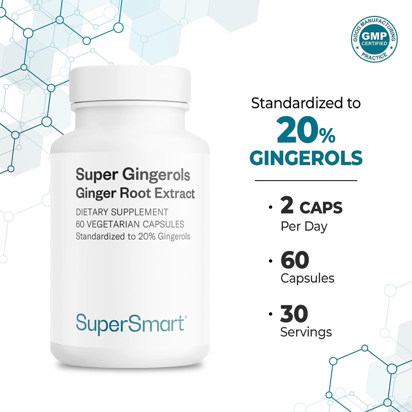 Supersmart Super Gingerols 400mg per Day (High Potency 20% Gingerol) Ginger Root Extract Capsules, 60 Count