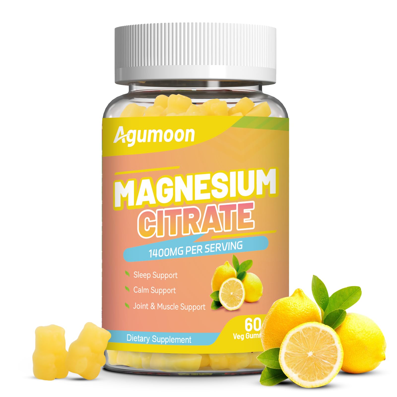 Agumoon Magnesium Citrate Gummies, High Absorption Magnesium Gummies for Adults, 1400mg Extra Strength, Vegan, Non-GMO, 60 Count
