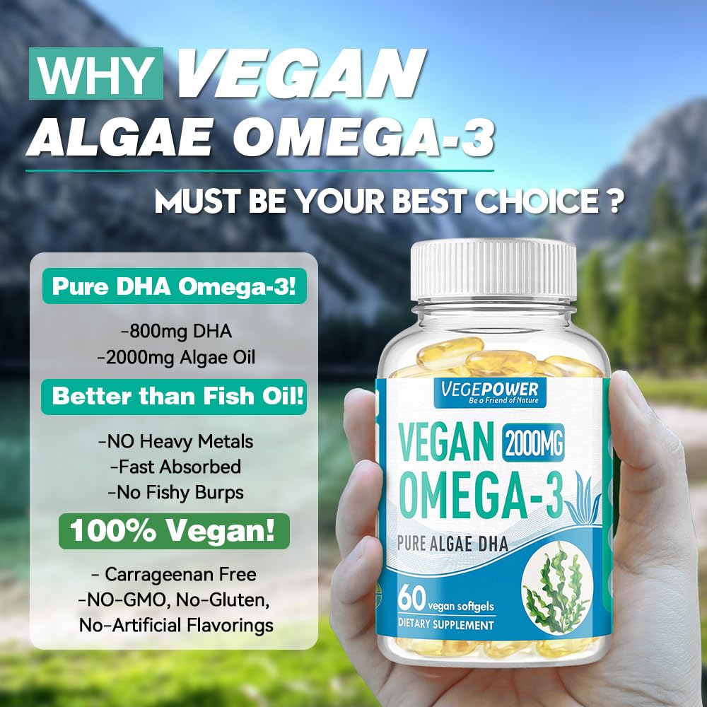 VEGEPOWER Vegan Omega 3 Supplement 800mg DHA Softgels, 60 Count