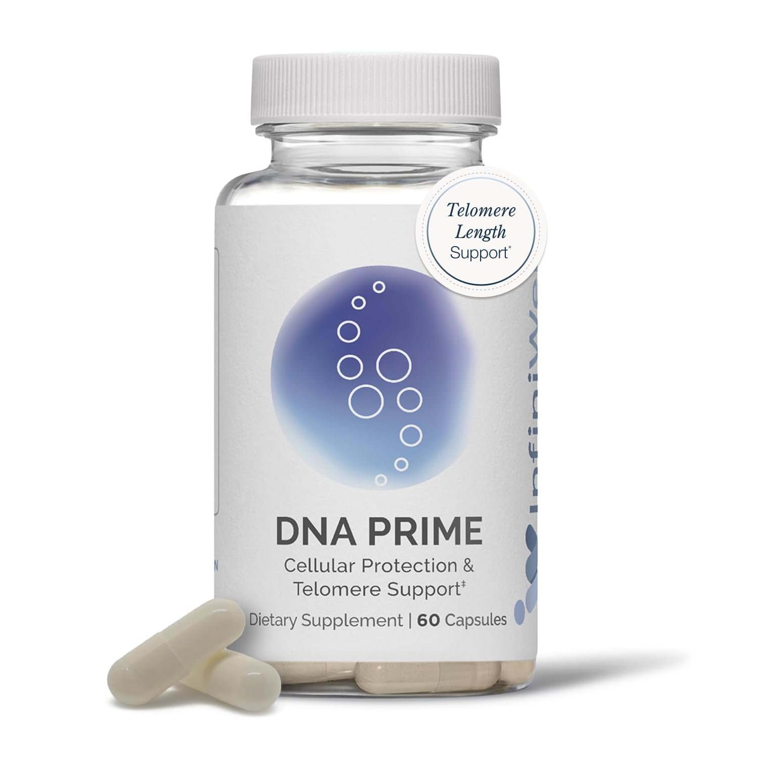 InfiniWell DNA Prime Advanced Telomere Supplements for Mitochondrial Support, Healthy Aging & Cellular Renewal - with ac-11, Activated Bromelain, Cat's Claw, Buckwheat Peptides & More, 60 Capsules