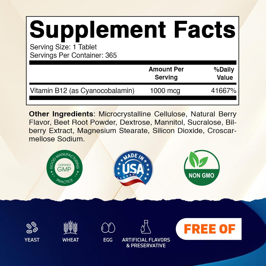 Vitamatic Vitamin B12 1000 mcg Fast Dissolve Tablet, 365 Tablets