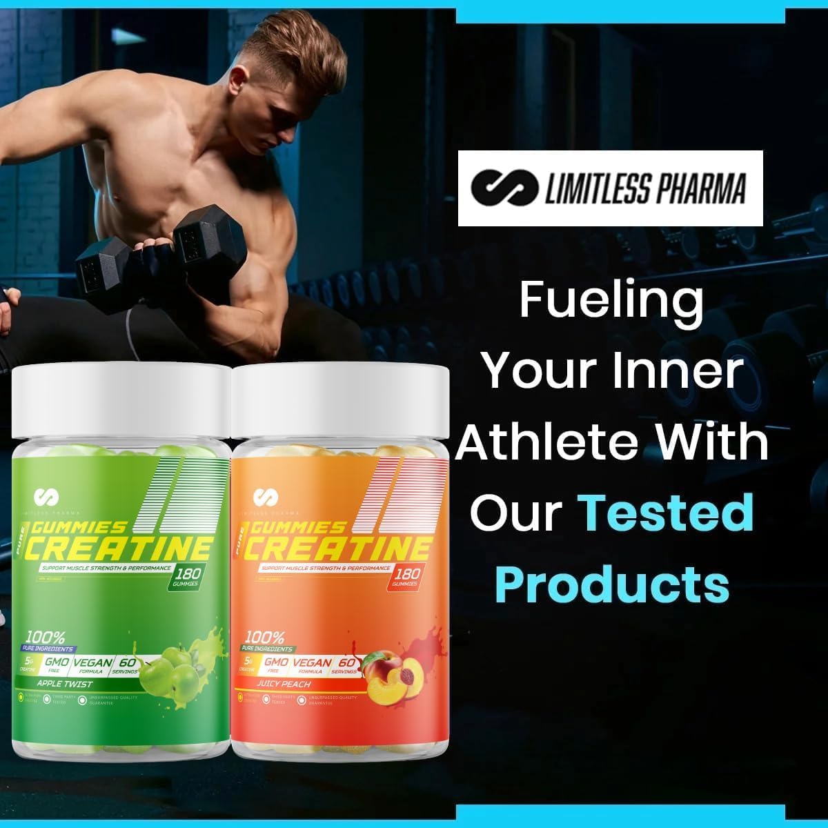 Limitless Pharma Pure Creatine Gummy Candy, 5g Creatine Monohydrate, 180 Gummies