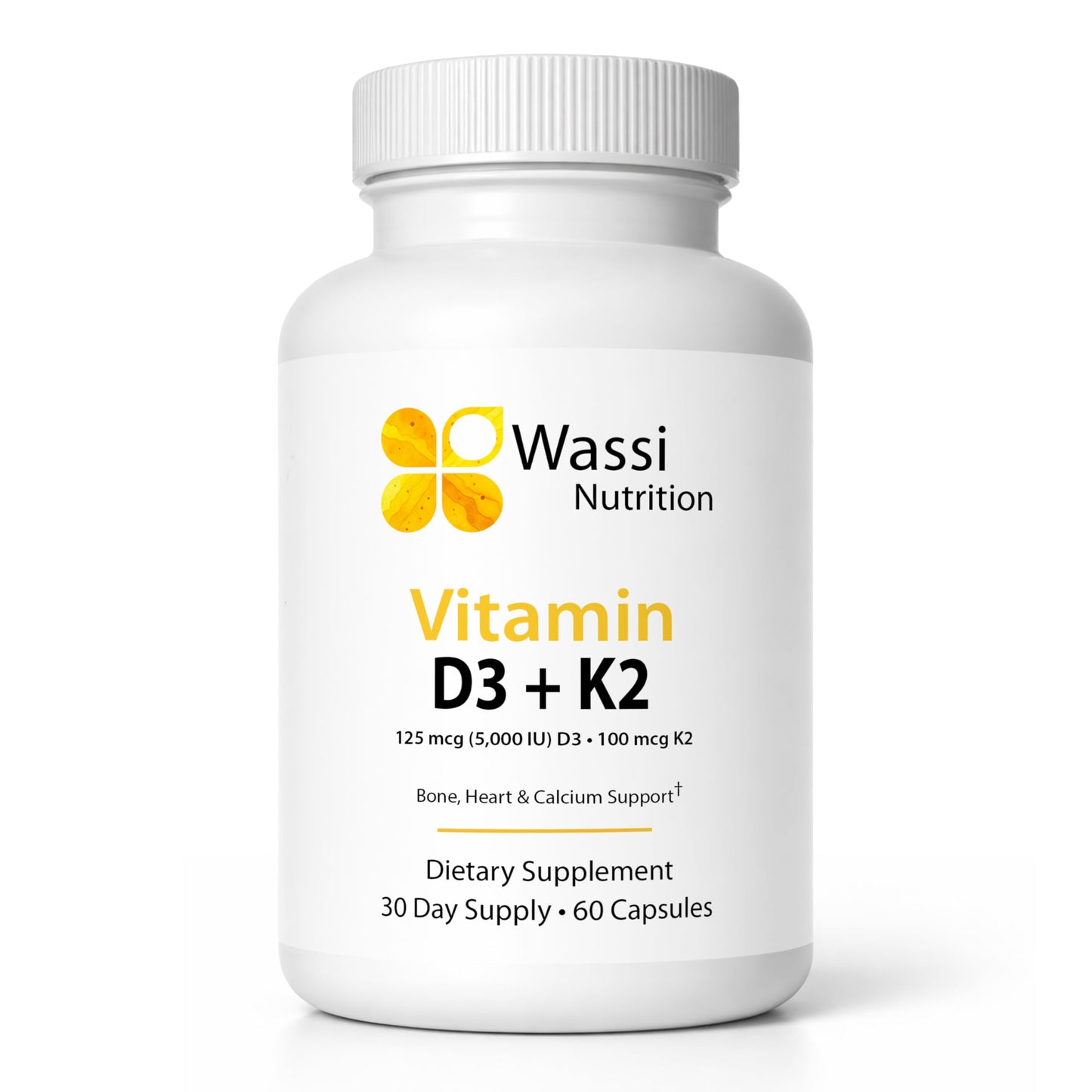 Wassi Nutrition Vitamin D3 K2 Supplement 5000 IU, 60 Capsules