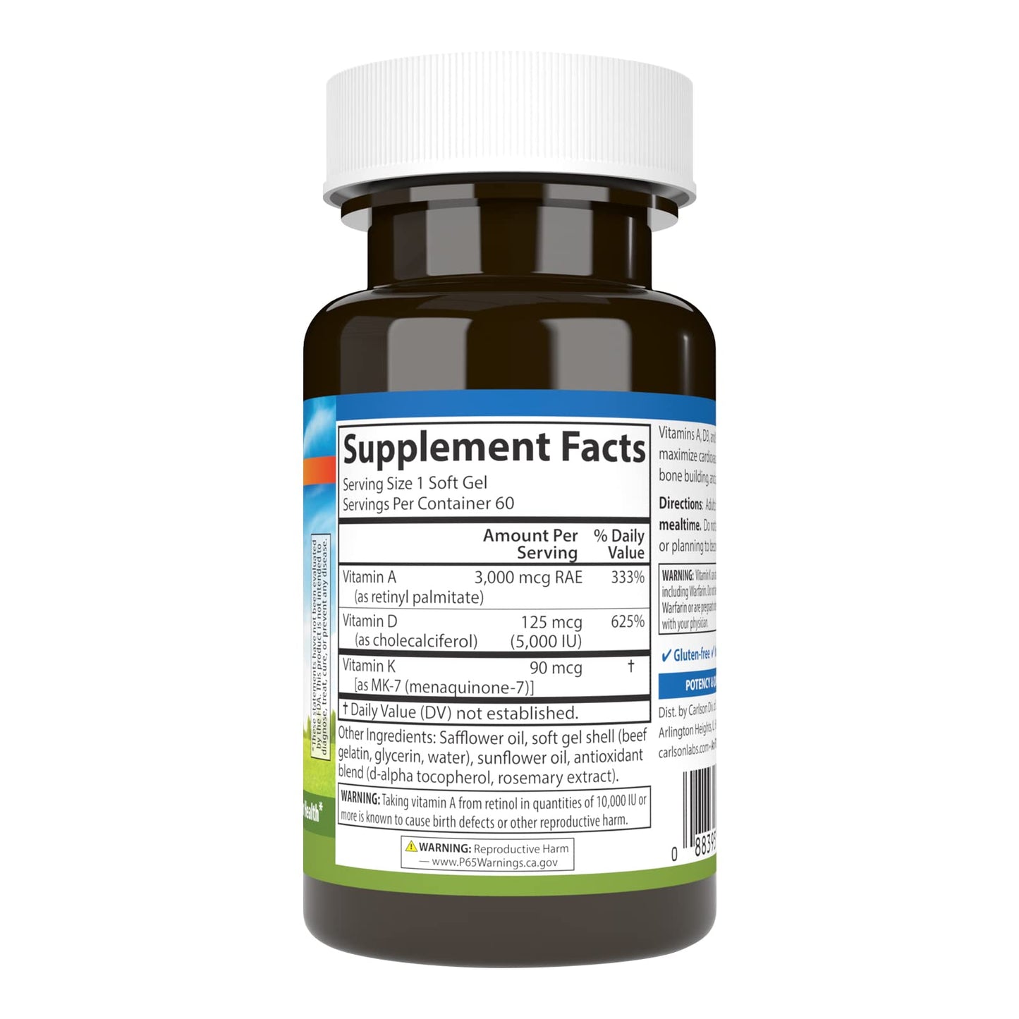 Carlson Vitamins A, D3, K2 Softgels 60