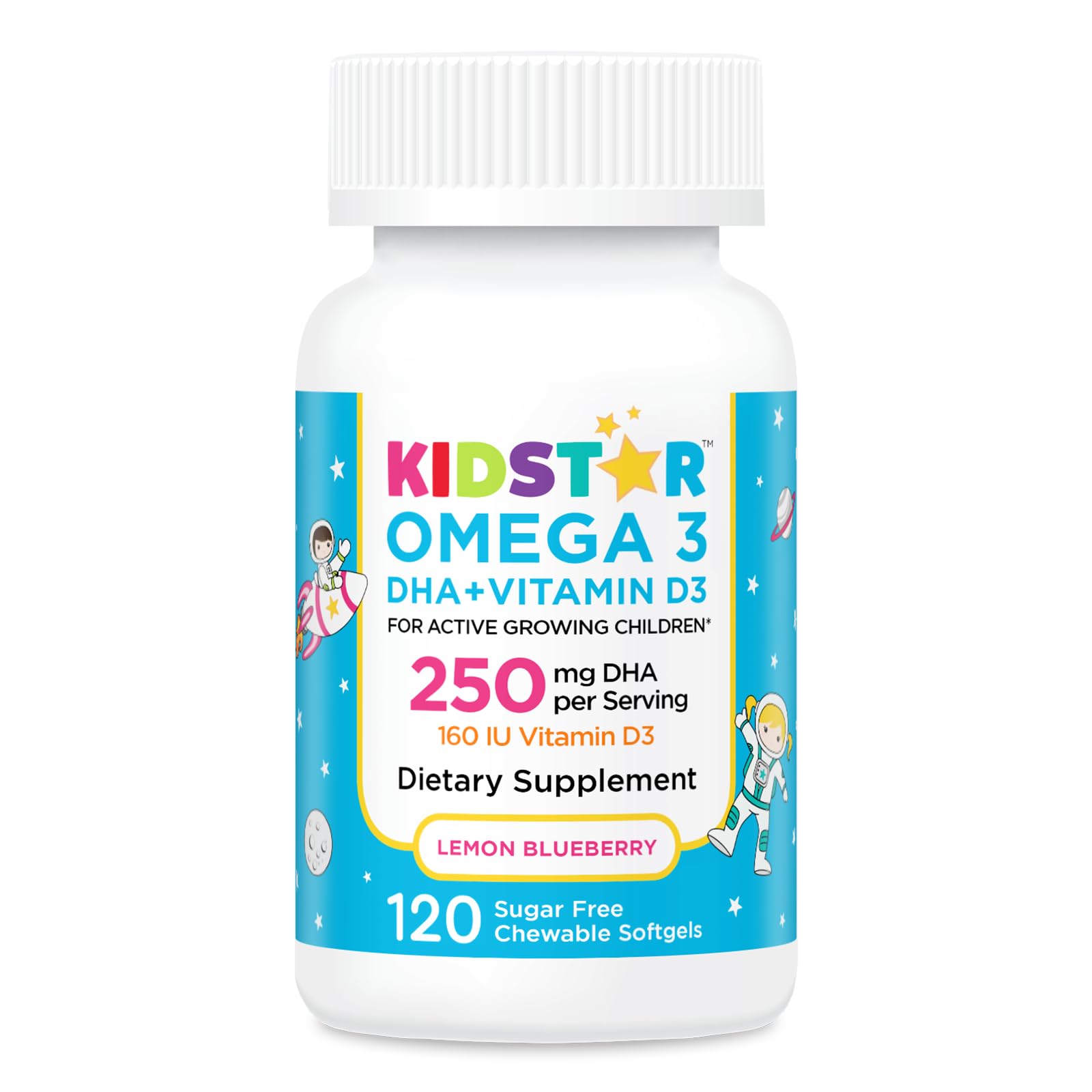 KidStar Nutrients Omega 3 with Vitamin D3, High-DHA, Lemon Blueberry Softgel 120