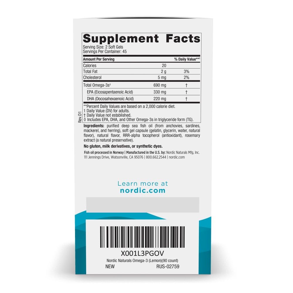 Nordic Naturals Omega-3 690mg Fish Oil EPA & DHA Lemon Softgels, 90 Count