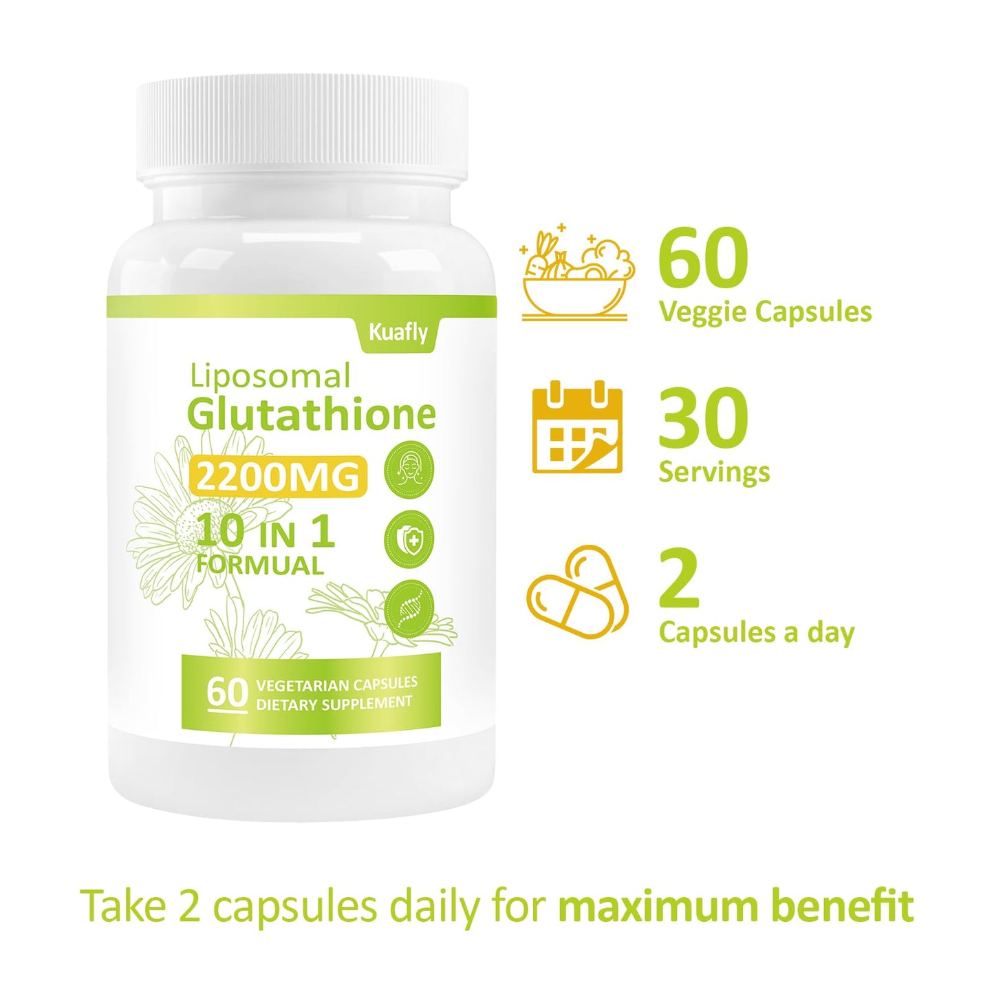 KUAFLY Liposomal Glutathione 2200 MG per Serving, 10-in-1 Comprehensive Formula with Vitamin C, Alpha-Lipoic Acid, Resveratrol, Milk Thistle, Non-GMO Nutritional Supplement, 180 Capsules