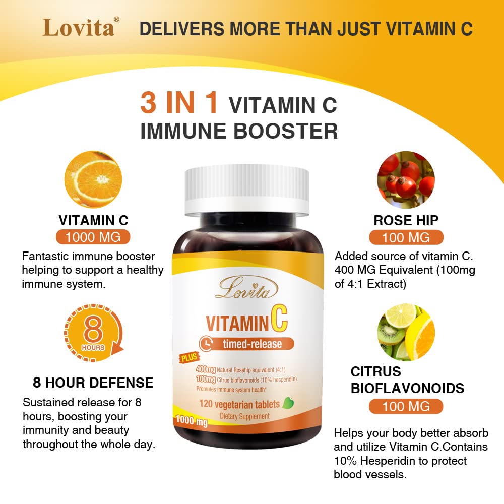LOVITA Vitamin C 1000mg with Bioflavonoids & Rose Hips Timed Release Coating High Potency Tablet 360
