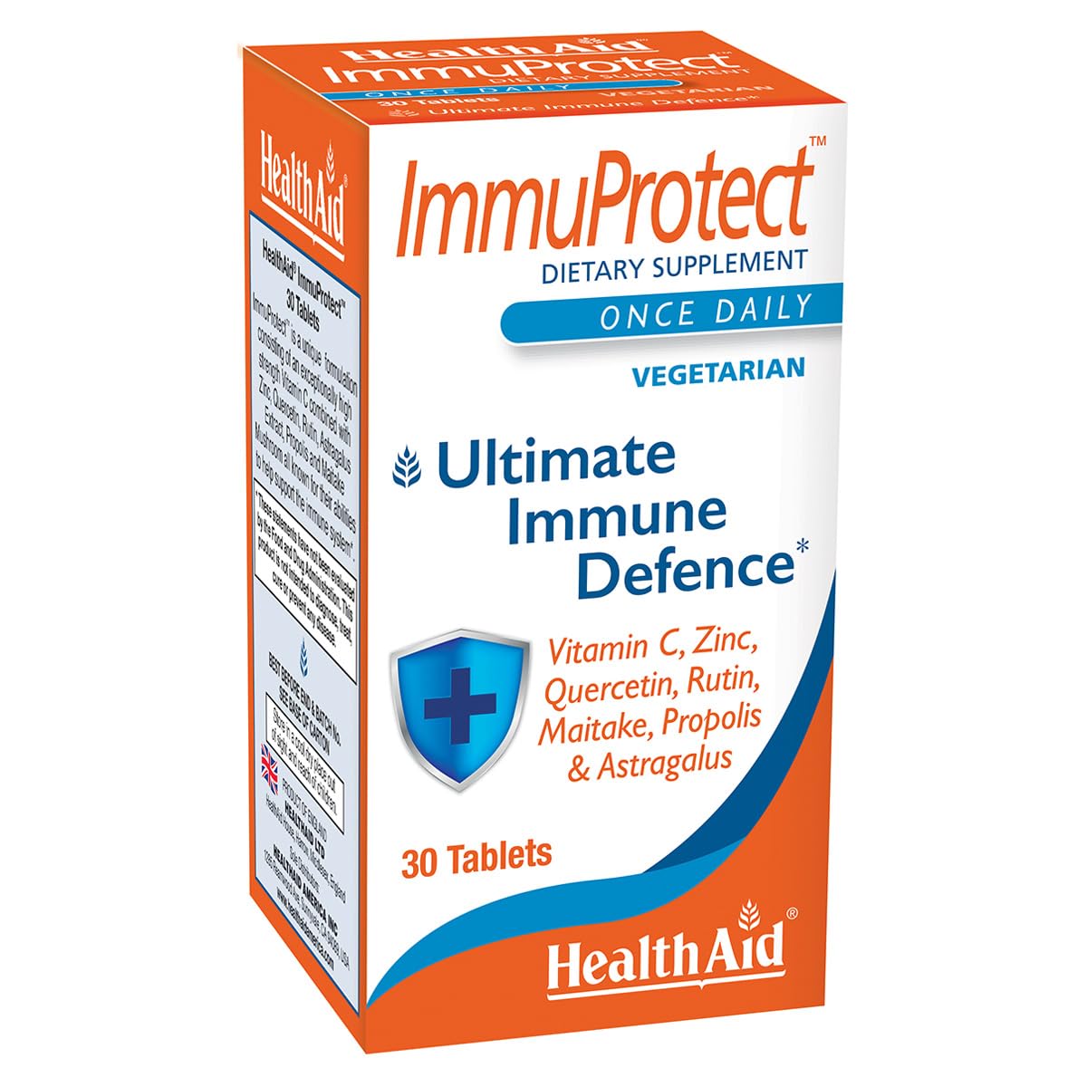 HealthAid ImmuProtect Daily Immune Support Vitamin C, Zinc, Quercetin & Propolis with Astragalus & Maitake - Vegetarian, 30 Tablets