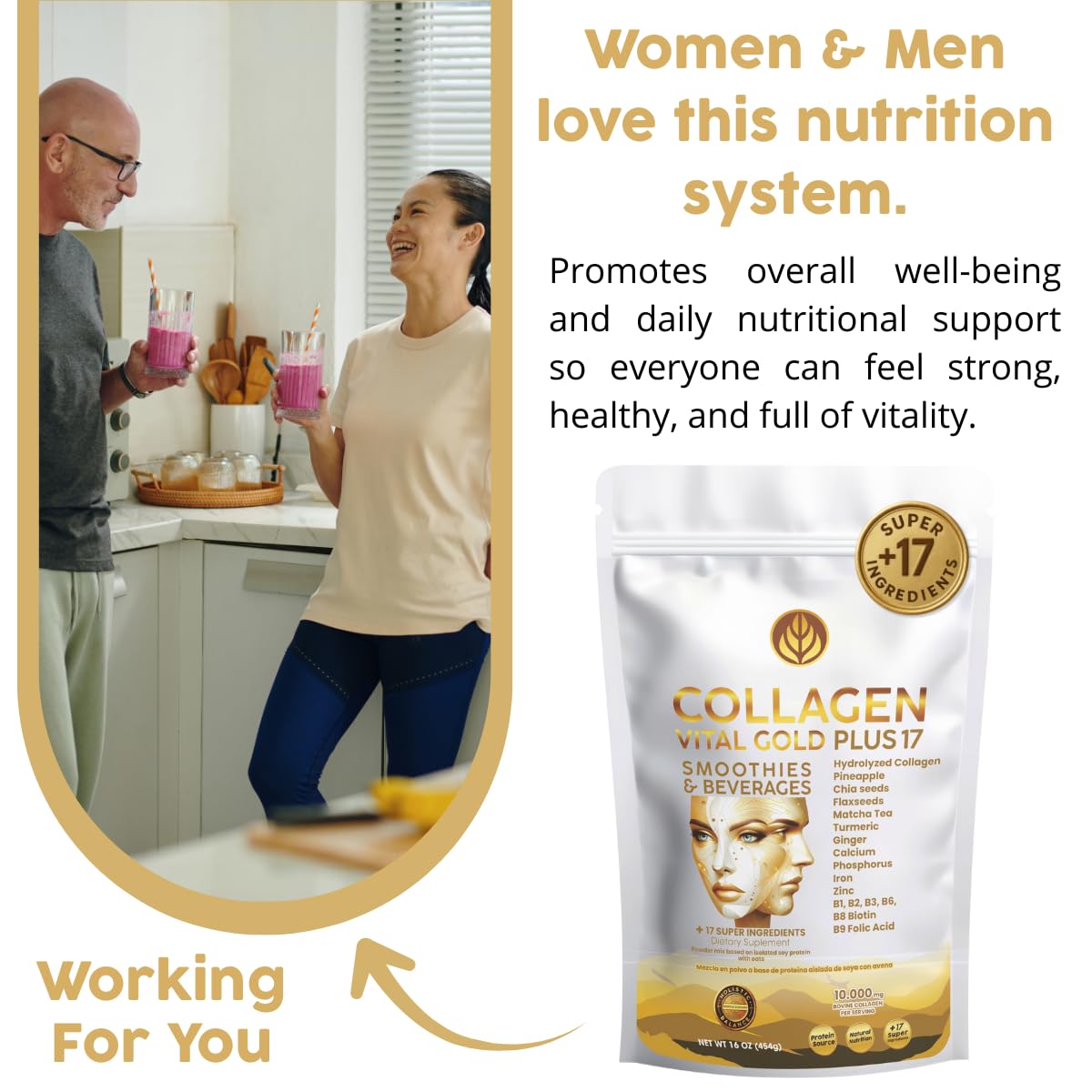 Gold Vital Life Collagen Peptides Powder - Hydrolyzed Collagen with +17 Super Ingredients, 16 oz