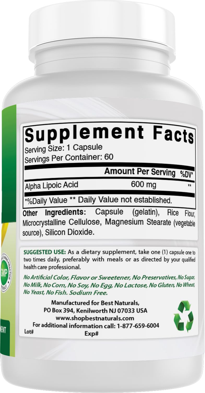 Best Naturals Alpha Lipoic Acid 600 mg Capsules 120 Count