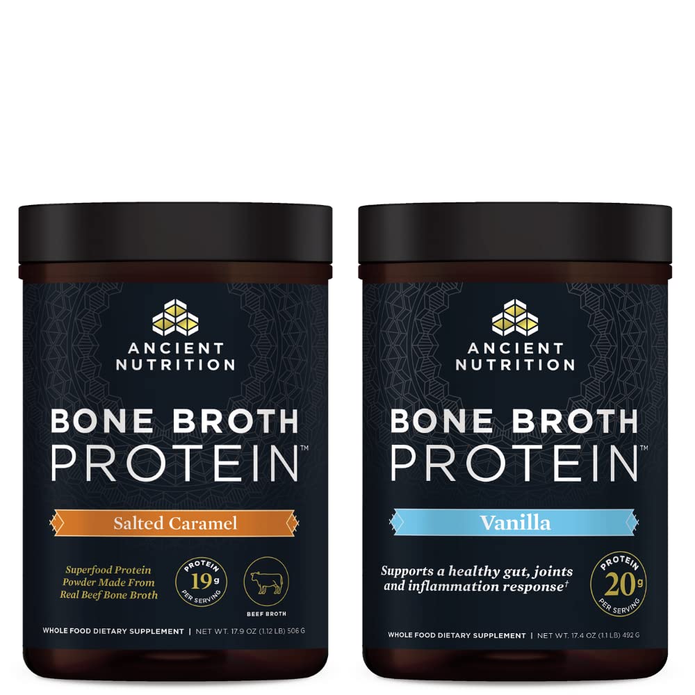 Ancient Nutrition Beef Bone Broth Protein Powder Salted Caramel, 20 Servings and Bone Broth Protein Powder Vanilla, 20 Servings, 2-Pack