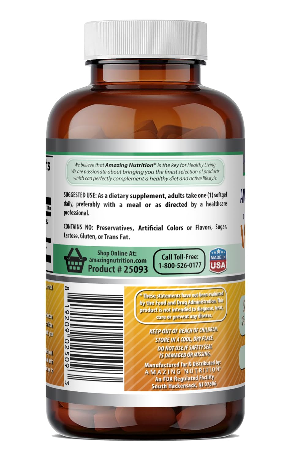 Amazing Nutrition Vitamin D3 with Coconut Oil Supplement Softgels, 180 Softgels
