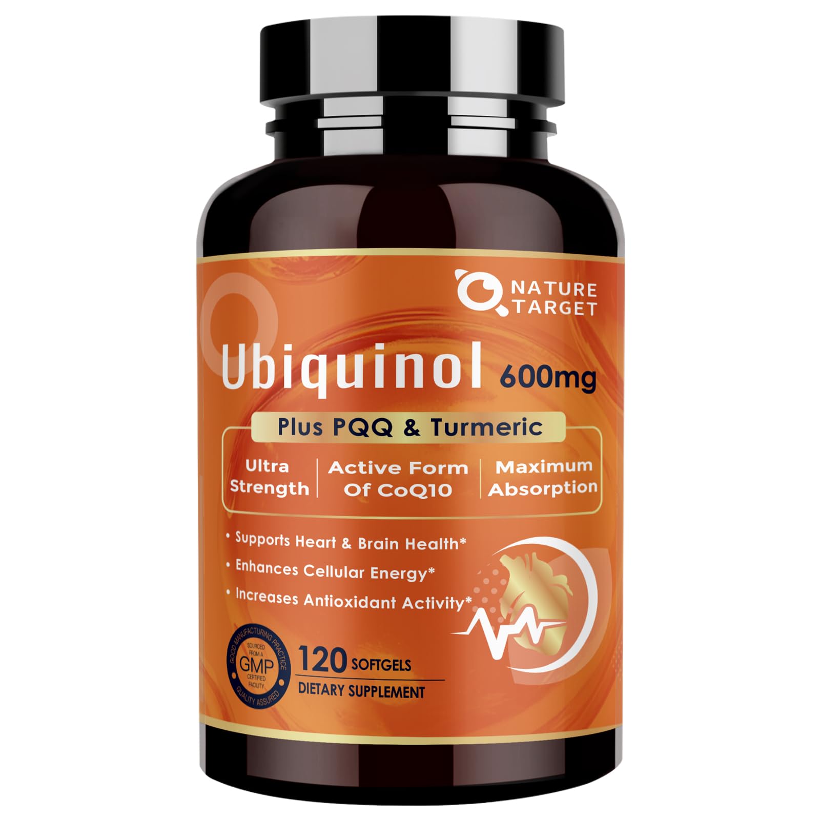 NATURE TARGET Ubiquinol CoQ10 600mg Capsule with PQQ & Turmeric, High Absorption CoQ10 Supplement with ALA & Black Pepper, Antioxidant for Brain Health, Energy Production, 120 Count