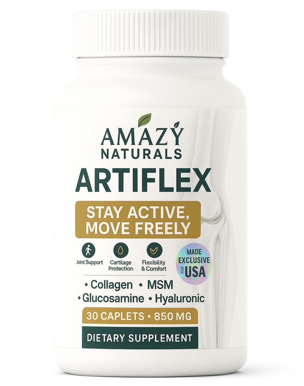Amazy Naturals Hyaluronic Acid & Collagen Joint Support Supplement - with Turmeric, Glucosamine, Chondroitin & MSM - Flexibility & Cartilage Support - 850mg, 30 Capsules