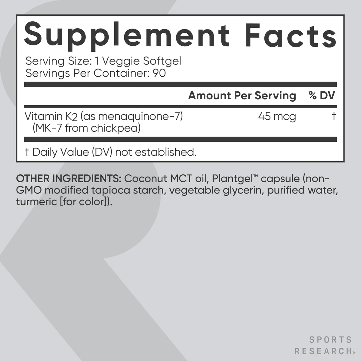 Sports Research Vitamin K2 (MK-7) 45mcg with Coconut MCT Oil Softgel, 90 Count