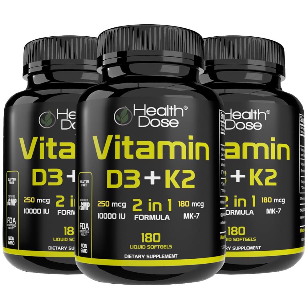 Health Dose Vitamin D3 10,000 IU + K2 (MK7) Supplement, 2-in-1 Formula Softgels, 180 Count