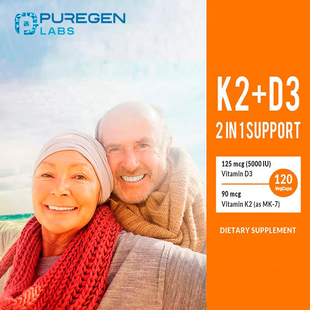 P Puregen Labs Vitamin D3 & K2 Capsule, 2-in-1 High Potency (90 mcg K2 MK7, 5000 IU D3), 120 Capsules