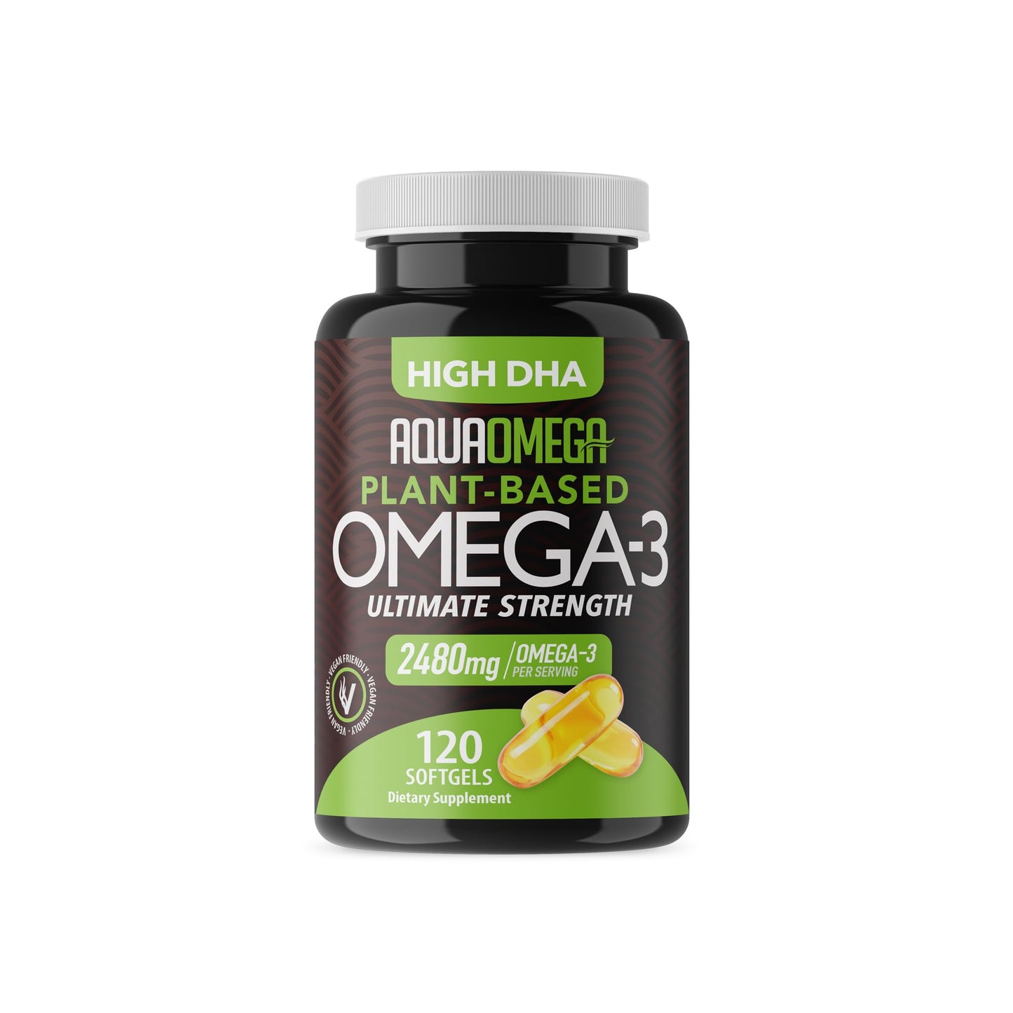 AQUA OMEGA Ultimate Strength Plant Based Omega-3 from Algae Oil, Organic EPA and DHA, No Fishy Aftertaste Softgels, 120 Count