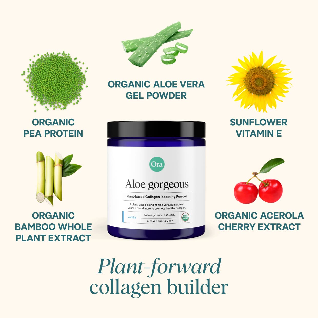 Ora Organic Vegan Collagen-Boosting Powder for Women and Men - Hair, Skin, & Nails Support - Bamboo Silica, Plant-Based Protein, Organic Vitamin C, Aloe Vera - Vanilla Flavor, 8.47 Ounce