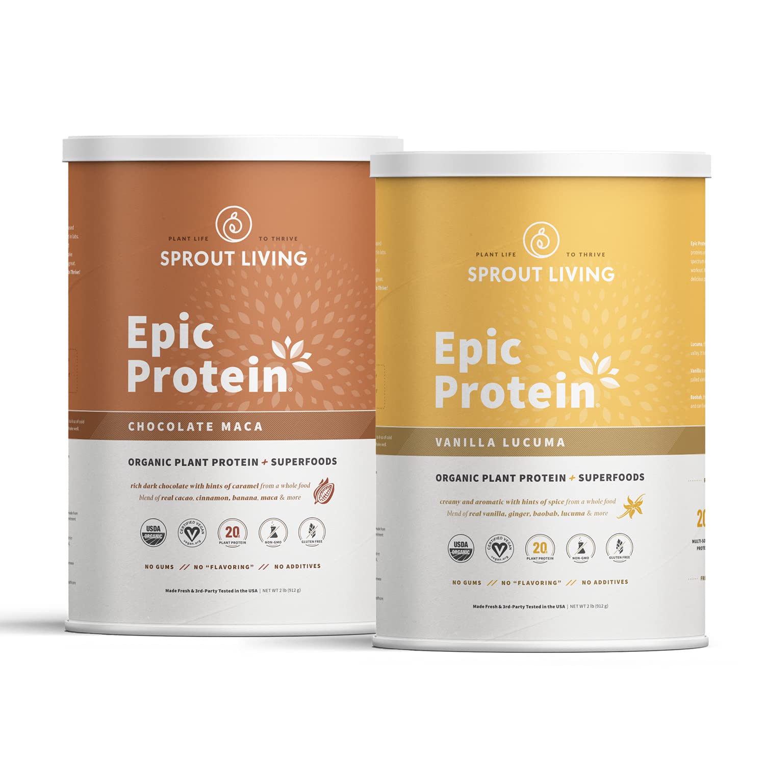 Sprout Living Epic Protein Bundle - Chocolate Maca & Vanilla Lucuma Protein Powder, 2 lb, 24 Servings