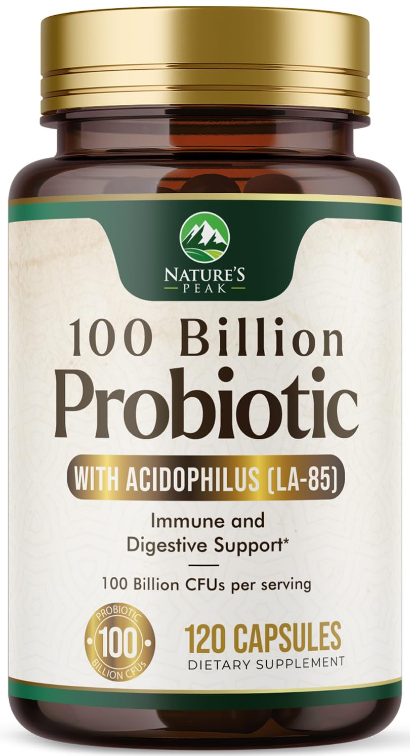 Nature's Peak Probiotics 100 Billion CFU Per Serving - 10 Premium Strains and Prebiotics Capsules, 120 Count