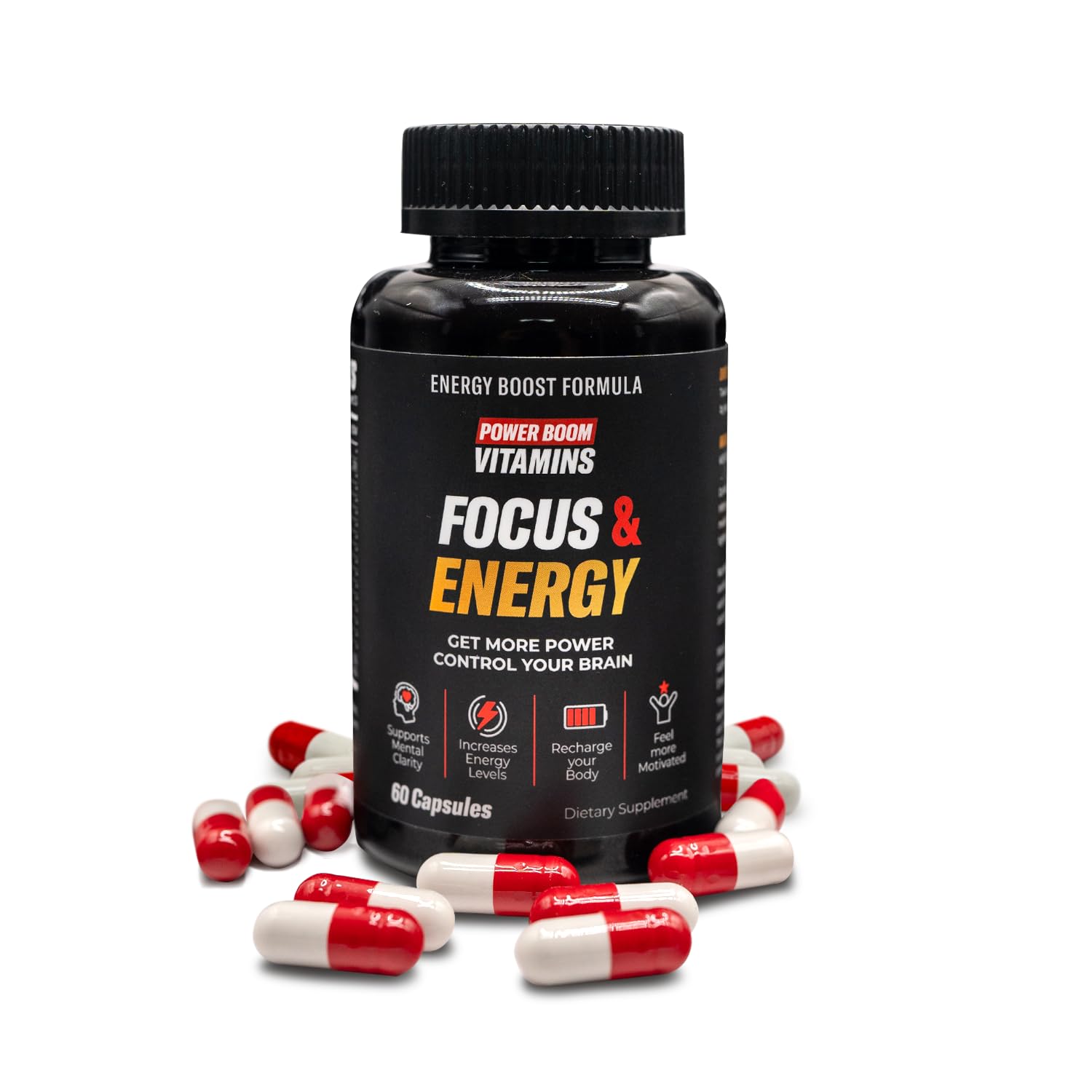 Power Boom Vitamins Focus & Energy – Brain & Mental Performance Supplement Capsules, 60 Count
