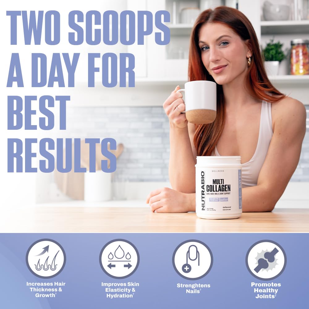 NutraBio Multi Collagen Powder - Hydrolyzed Collagen Peptides for Glowing Hair & Skin - Grass-Fed - Collagen Powder for Women and Men - 14.2 Ounce