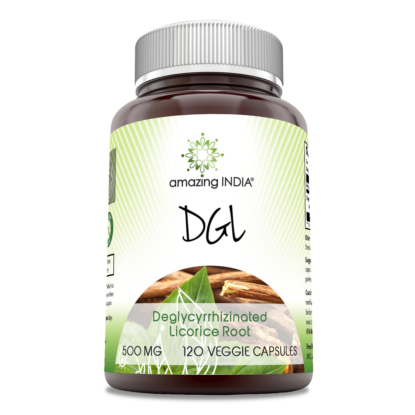 Amazing India DGL 500 mg Veggie Capsules, 120 Capsules