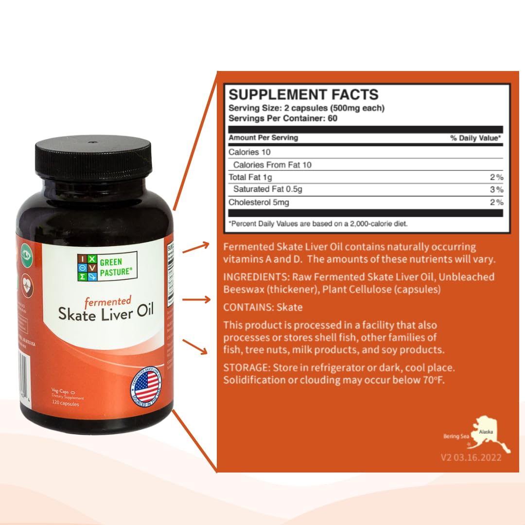 Green Pasture Fermented Skate Liver Oil Capsules 120 Count