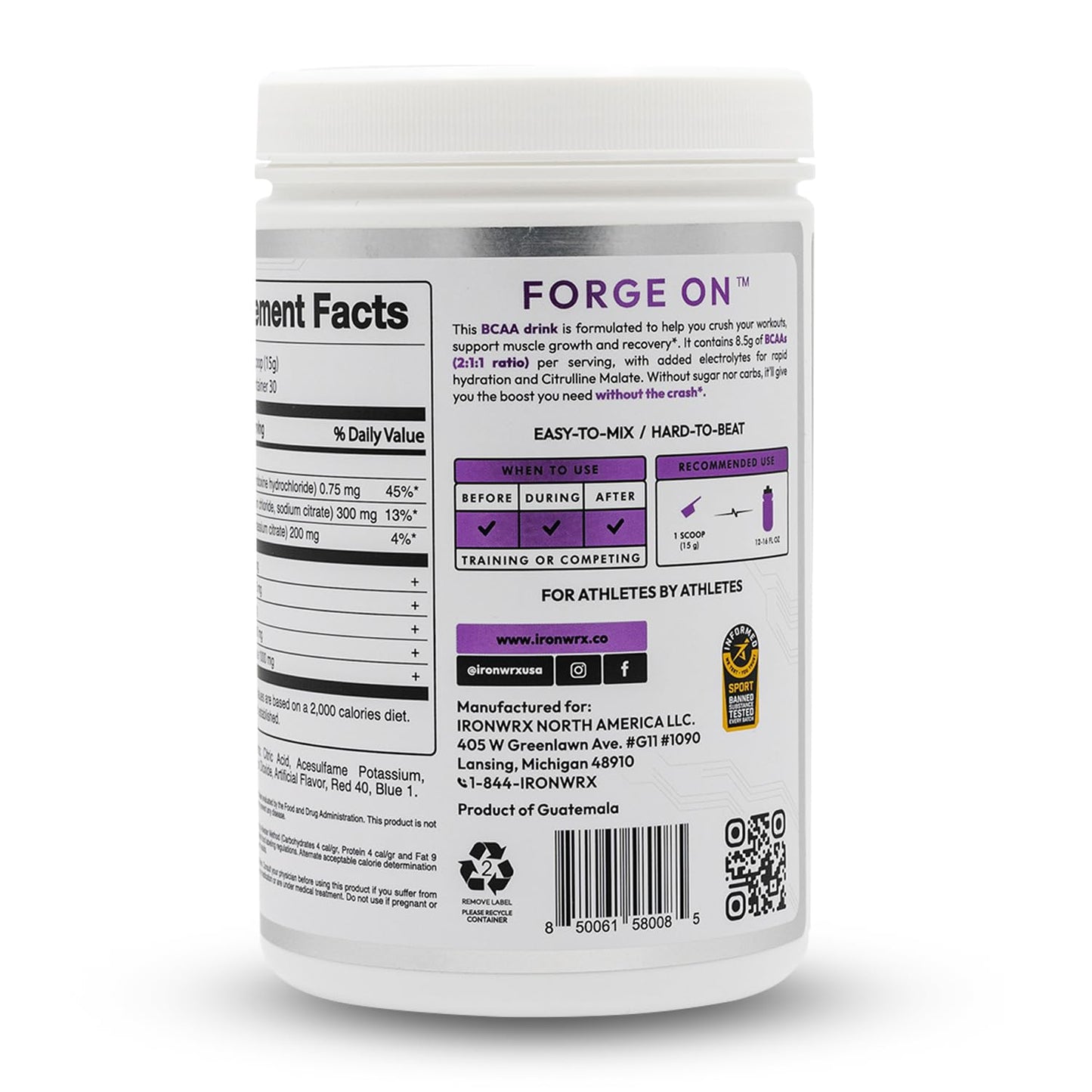 IRONWRX BCAA Powder 16 oz, 8g Amino Acids Per Serving, 2:1:1 Ratio with Citrulline Malate & L-Glutamine, Advanced Muscle Recovery & Soreness Support, Grape, 30 Servings