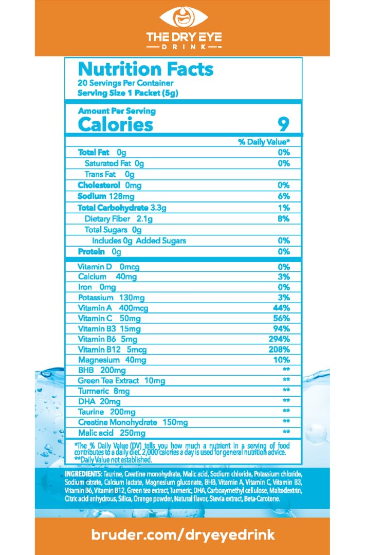 The Dry Eye Drink Ultimate Hydration for Dry Eyes Powder Packets, 10 Packets, Orange