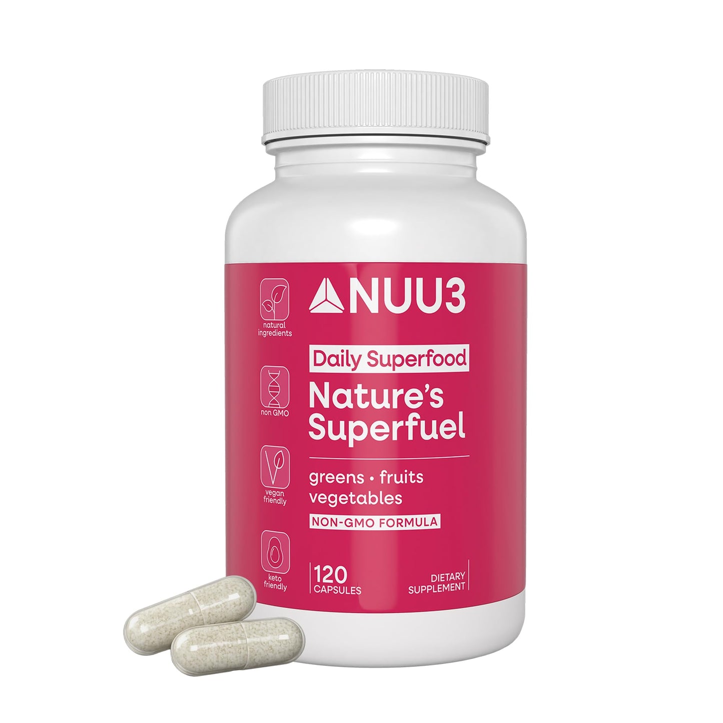 NUU3 Nature’s Superfuel Fruits & Veggies Capsules for Men & Women, 120 Capsules