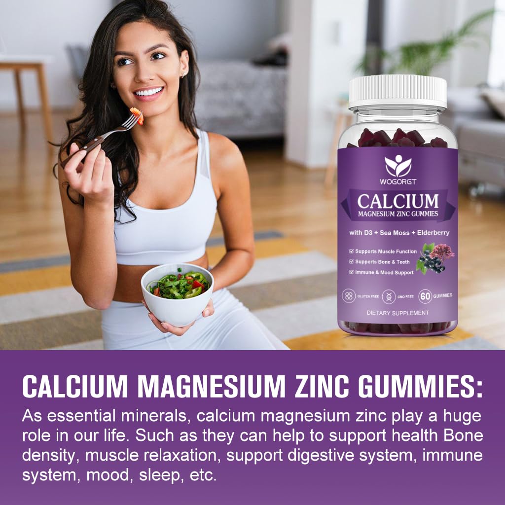 WOGORGT Calcium Magnesium Zinc Gummies with Vitamin D3 for Women & Men, 60 Gummies