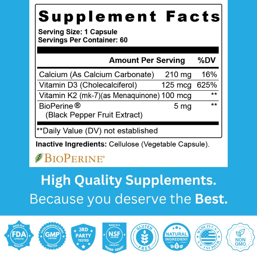Staver Health Vitamin K2 D3 with Calcium & Bioperine MK-7 Capsule, 60 Count