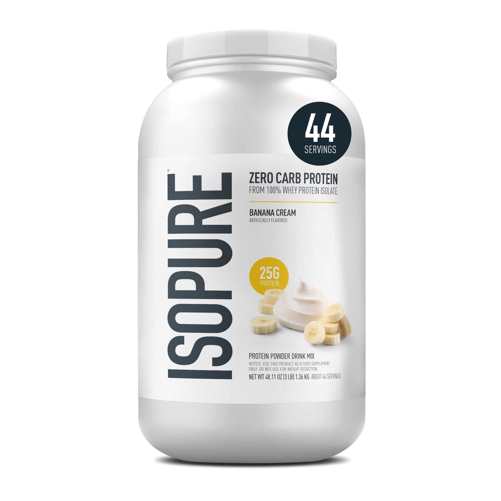 Isopure Zero Carb 100% Pure Whey Isolate Protein Powder Banana Cream, 3 Lbs, 44 Servings
