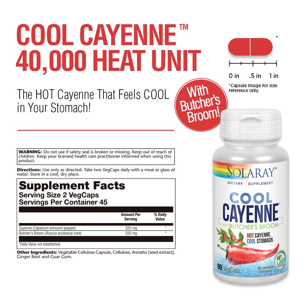 Solaray Cool Cayenne Pepper 40,000 HU with Butchers Broom for Healthy Circulation Support Capsule, 90 VegCaps