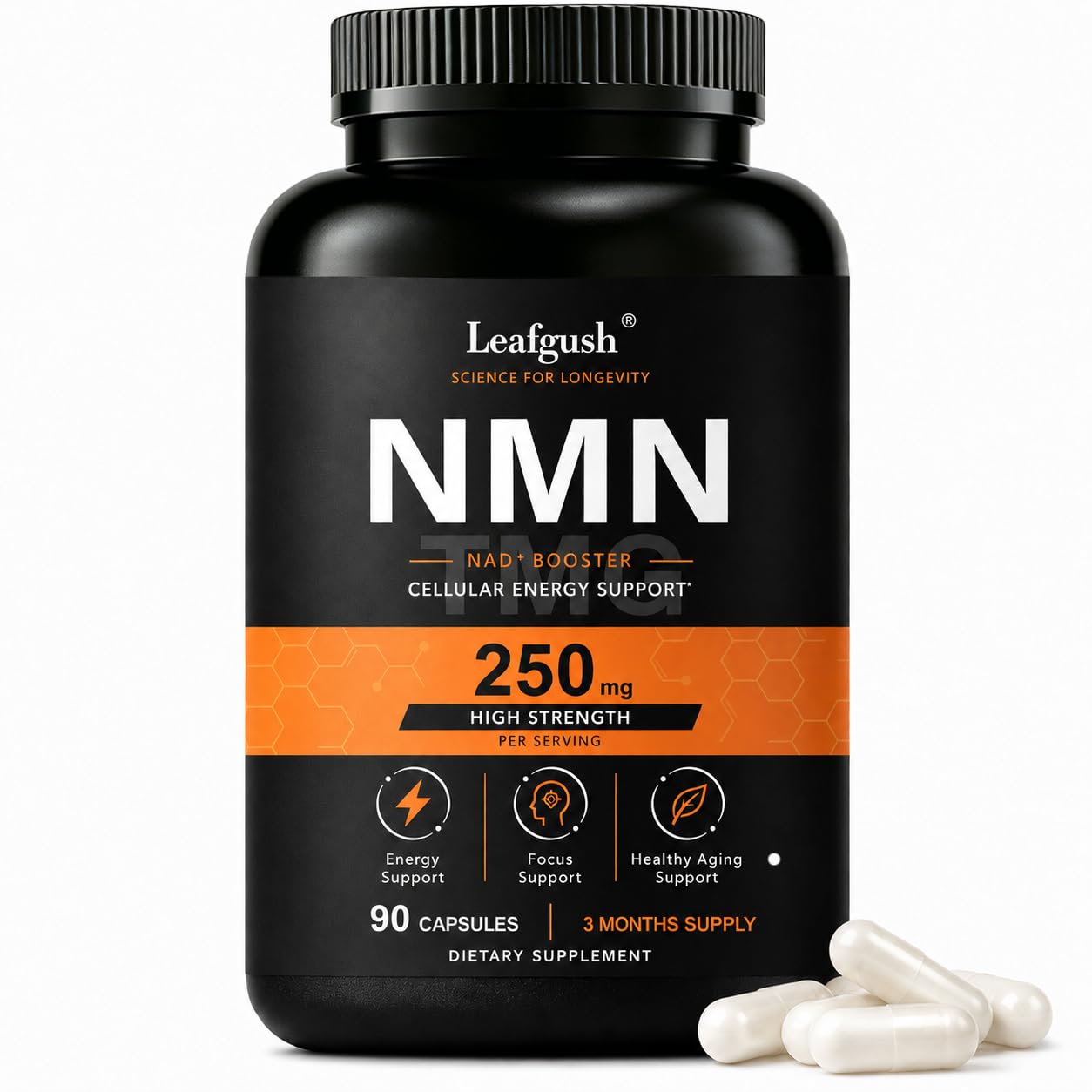 Leafgush NMN Supplement 250mg, NAD+ Precursor with TMG 50mg & Grape Seed Extract 15mg, Advanced 3-in-1 Daily Formula Capsule 90 Count