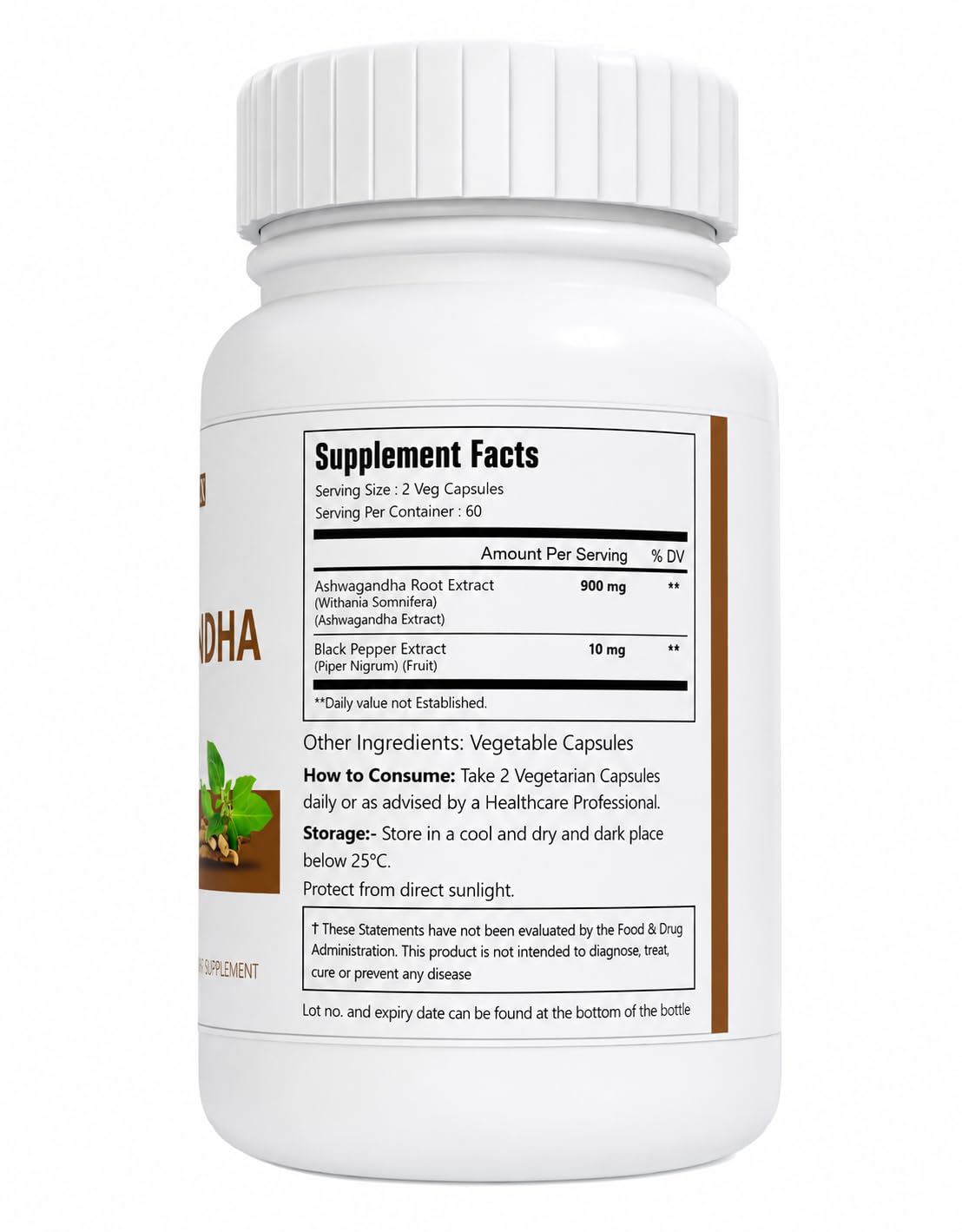 VitaCosmoX Ashwagandha Root Extract 900 mg with Black Pepper Extract 10 mg Per Serving, 120 Vegetarian Capsules