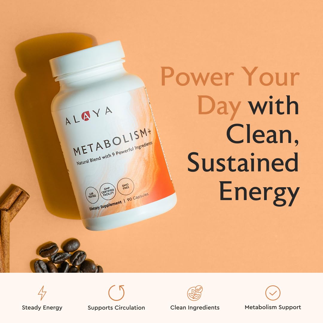 Alaya Naturals Metabolism+ Natural Energy with Green Tea, Cinnamon, Beet Root, Caffeine, Non-GMO, 90 Capsules