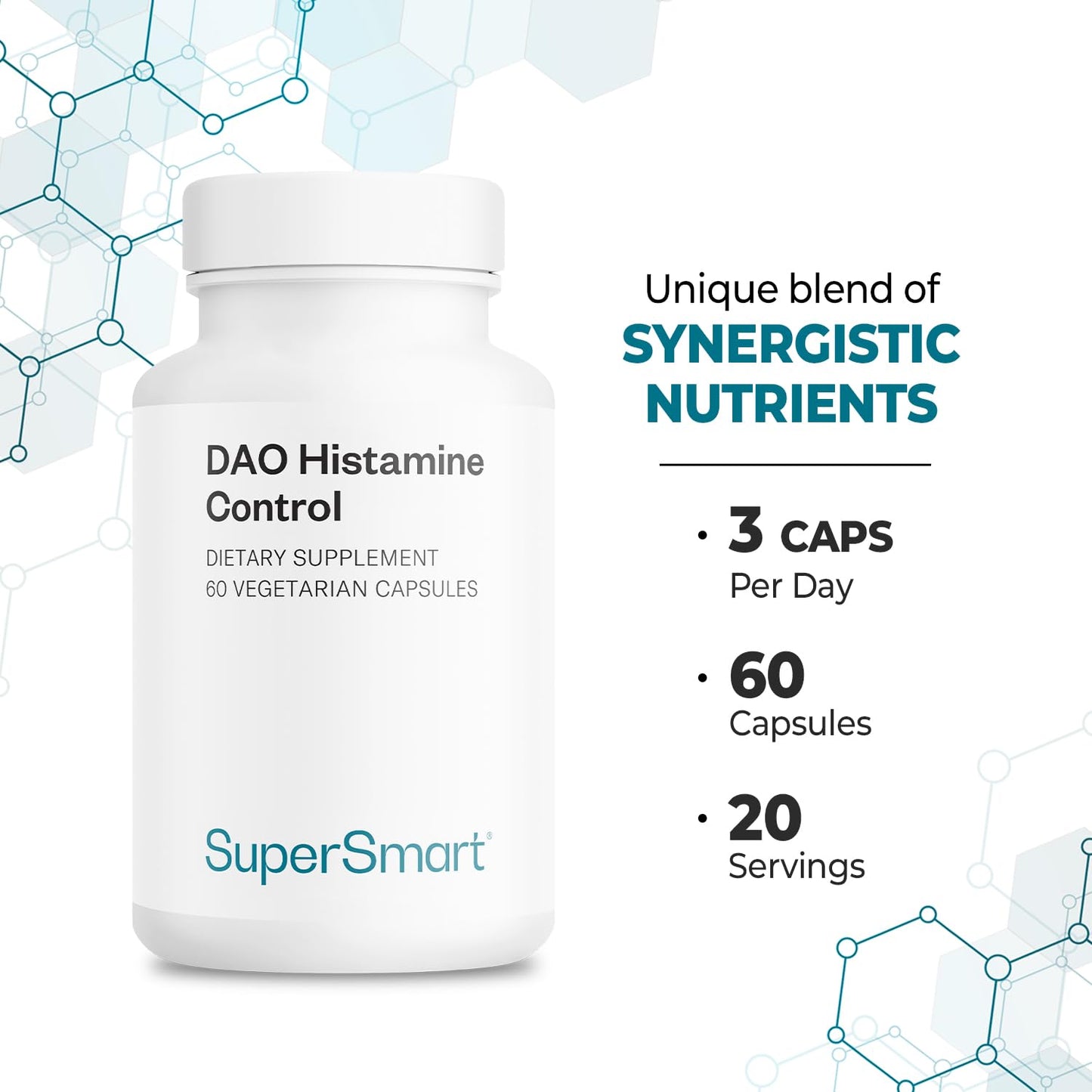 Supersmart DAO Histamine Control High Potency Micro-Encapsulated Pea Sprouts DAO Enzyme Enhanced With Quercetin & Vitamin C Diamine Oxidase Supplement | Vegan, 60 Capsules